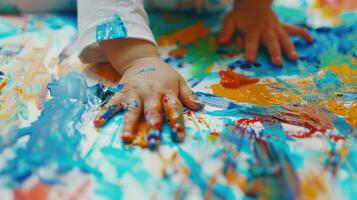 ai generato un' bambino con gioia disegna con loro mani, sbavature colori attraverso il tela nel giocoso abbandono foto