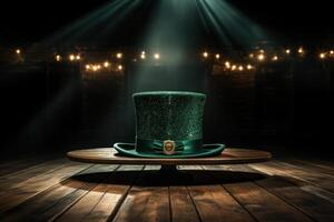 ai generato un' verde superiore cappello è su un' di legno tavolo, nel il stile di sparklecore foto