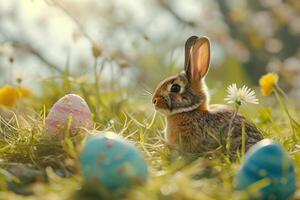 ai generato colorato uova nel un' verde campo con un' coniglietto per Pasqua. generativo ai foto