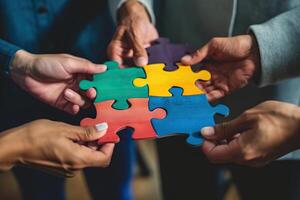 ai generato uomini d'affari Lavorando insieme per costruire un' puzzle come lavoro di squadra, associazione e integrazione concetto. generativo ai foto