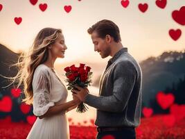 ai generato romantico coppia servizio fotografico per San Valentino giorno con bellissimo sfondo di amore e relazioni, uomo e donna foto