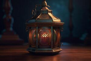 ai generato lanterna con ardente candela su buio tonica nebbioso sfondo. Ramadan kareem concetto foto