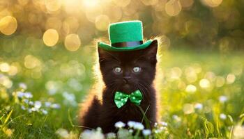 ai generato gattino nel verde superiore cappello, verde erba su sfondo, st. Patrick giorno concetto foto