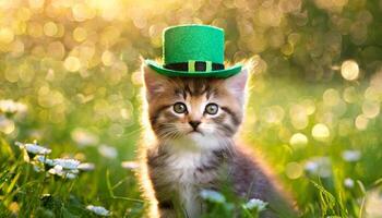 ai generato gattino nel verde superiore cappello, verde erba su sfondo, st. Patrick giorno concetto foto