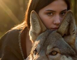 ai generato triste donna con un' enorme cane. foto