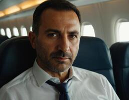 ai generato ritratto di un' bello armeno uomo nel un' classico camicia su un aereo. foto