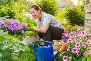 giardinaggio e agricoltura concetto. giovane donna azienda agricola lavoratore giardinaggio fiori nel giardino. giardiniere piantare fiori per mazzo. estate giardinaggio opera. ragazza giardinaggio a casa nel Giardino dietro la casa foto