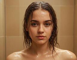 ai generato Immagine di un' giovane donna con bagnato capelli nel il bagno. ai generazione foto