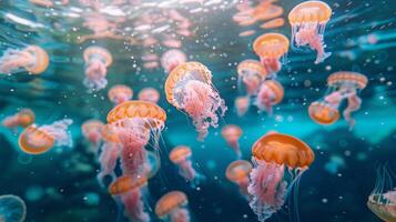 ai generato Medusa nuoto nel il acqua. Medusa nuoto sott'acqua. foto