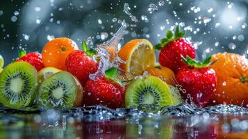 ai generato fresco frutta nel acqua spruzzo su nero sfondo. salutare cibo concetto. foto