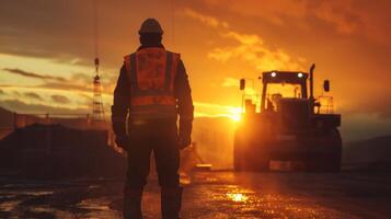 ai generato ingegnere indossare un' sicurezza veste in piedi nel davanti di un' grande costruzione macchinari, ispezionando il progresso di un' edificio costruzione, caldo tramonto leggero evidenziazione il silhouette foto