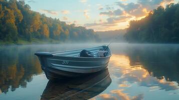 ai generato dettagliato Visualizza di un' barca delicatamente galleggiante su un' calma lago, pesca Ingranaggio pronto per uso, morbido mattina leggero riflettendo via il acqua, sottolineando la tranquillità e fuga foto