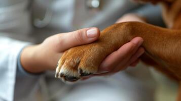 ai generato avvicinamento di un' cani zampa nel il mano di un' veterinario, simboleggiante il cura e protezione offerto di veterinario professionisti, con un' commovente foto