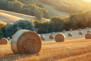 ai generato d'oro tramonto al di sopra di un' sereno azienda agricola paesaggio con fieno balle sparpagliato nel il campo foto