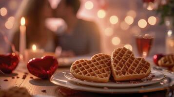 ai generato romantico colazione, a forma di cuore cialde su un' tavolo impostato per Due, un' coppia su il sull'orlo di un' bacio. perfettamente ornato per San Valentino giorno. foto