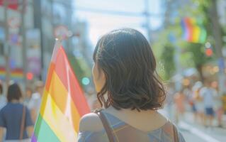 ai generato giovane giapponese donna, indietro trasformato, ornato con un lgbt orgoglio arcobaleno bandiera, in mezzo il pieno di bokeh strade di un' soleggiato giorno orgoglio parata nel il città foto