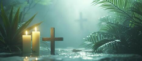 ai generato palma foglie, candele, e un' santo di legno attraverso, con grazia impostato contro un' celeste sfondo per un' tranquillo composizione foto