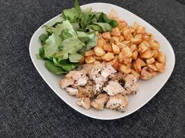 fatti in casa grigliato pollo con francese patatine fritte e verde insalata, servito su un' bianca piatto foto