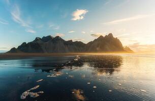 d'oro Alba su vestrahorn montagna con nero sabbia spiaggia riflessione nel estate a stokksnes penisola foto