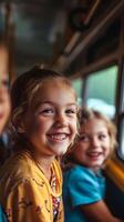 ai generato indietro per scuola, scuola autobus storie, fotografia bambini condivisione storie e risata mentre equitazione il scuola autobus, sfondo Immagine, generativo ai foto