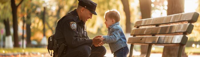 ai generato Comunità connessione, un' poliziotto in ginocchio giù e parlando per un' giovane bambino su un' parco panca, generativo ai foto