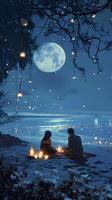 ai generato coppia godendo un' romantico spiaggia picnic illuminato di candele e il morbido splendore di il Luna, san valentino giorno vibrazioni, sfondo Immagine, generativo ai foto