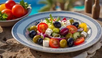 ai generato delizioso greco insalata nel un' piatto all'aperto nel Grecia foto