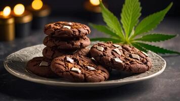 ai generato delizioso cioccolato biscotti, marijuana foglia foto