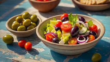 ai generato delizioso greco insalata nel un' piatto all'aperto nel Grecia foto