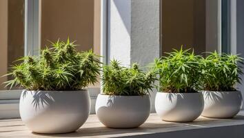 ai generato vaso di fiori con marijuana pianta su il davanzale foto