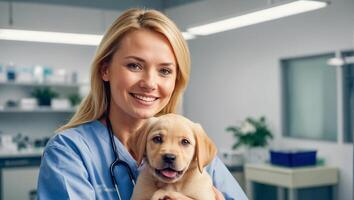 ai generato donna medico veterinario e carino cane nel il clinica foto