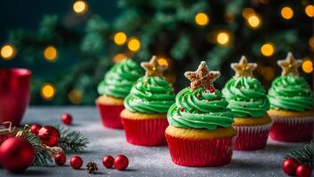 ai generato delizioso cupcakes con crema su il tavolo foto