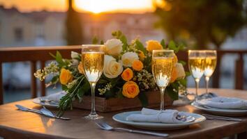 ai generato bicchieri di Champagne, un' mazzo di fiori su un' tavolo nel un' bar foto