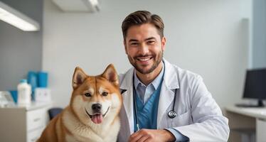 ai generato maschio veterinario medico e carino cane nel il clinica foto