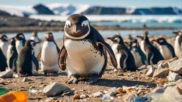 ai generato pinguini nel Antartide, spazzatura foto