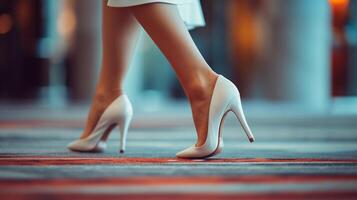 ai generato avvicinamento ritratto di un' donna di piedi a piedi indossare bianca alto tacco scarpe, generativo ai foto
