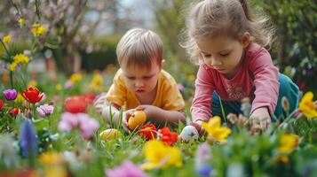 ai generato bambini ricerca per colorato Pasqua uova nel un' vivace giardino, generativo ai, sfondo Immagine foto