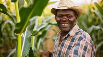 ai generato ritratto di un' sorridente nero maschio Mais contadino Lavorando nel il suo raccogliere Mais campo, generativo ai, sfondo Immagine foto