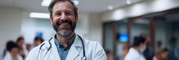 ai generato un' di mezza età bianca maschio medico sorrisi contro il sfondo di un' occupato ospedale atmosfera, generativo ai foto