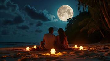 ai generato coppia godendo un' romantico spiaggia picnic illuminato di candele e il morbido splendore di il Luna, san valentino giorno vibrazioni, sfondo Immagine, generativo ai foto