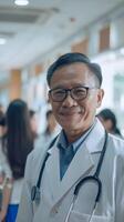 ai generato un' di mezza età asiatico maschio medico sorrisi contro il sfondo di un' occupato ospedale atmosfera, generativo ai foto