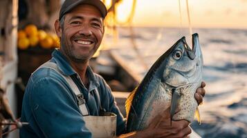 ai generato ritratto di un' sorridente pescatore Tenere un' grande catturato pesce su un' barca, generativo ai, sfondo Immagine foto