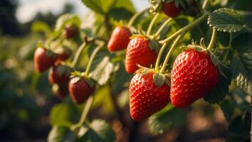 ai generato fresco fragole nel il giardino avvicinamento foto