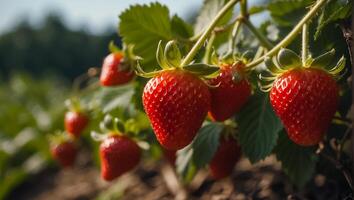 ai generato fresco fragole nel il giardino avvicinamento foto