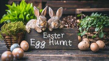 ai generato foto di il testo 'Pasqua uovo caccia' scritto su un' tavola lato di lato con conigli e Pasqua uova, generativo ai