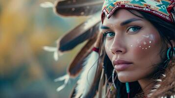 ai generato ritratto di un' nativo americano sioux indiano donna contro natura sfondo, sfondo Immagine, generativo ai foto