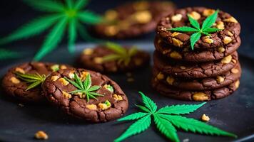 ai generato delizioso cioccolato biscotti, marijuana foglia foto