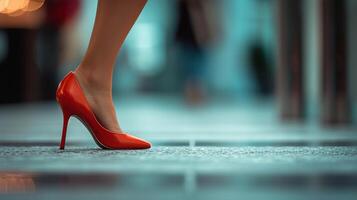 ai generato avvicinamento ritratto di un' donna di piedi a piedi indossare rosso alto tacco scarpe, generativo ai foto