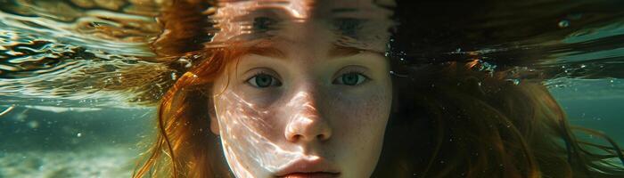 ai generato fiume subacqueo ritratto di un' rosso capelli giovane bianca femmina, generativo ai, sfondo Immagine foto