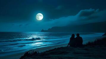 ai generato coppia condivisione un' silenzioso momento su un' illuminato dalla luna spiaggia, San Valentino giorno vibrazioni, sfondo Immagine, generativo ai foto